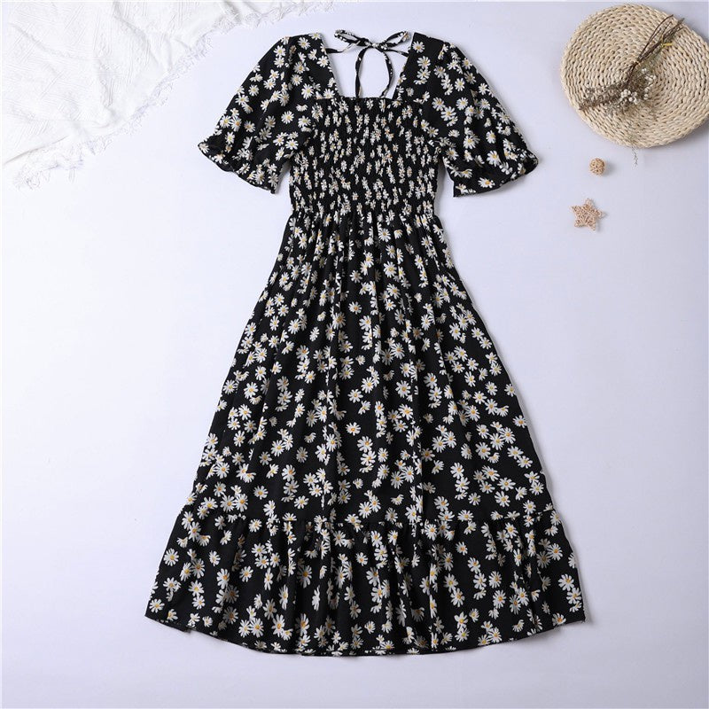 Summer Pleated Women Chiffon Dresses Casual Beach Holiday Short Sleeve Square Collar Woman Midi Dress Bohemian Mujer Vestidos - Smarsty