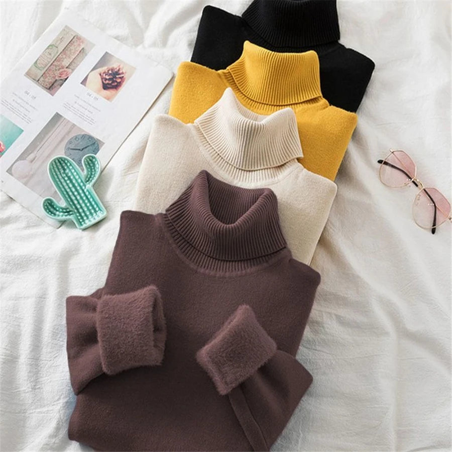 Turtleneck Winter Sweater Women Elegant Thicken Velvet Lined Warm Sueter Knitted Pullover Slim Tops Jersey Knitwear Jumper New - Smarsty