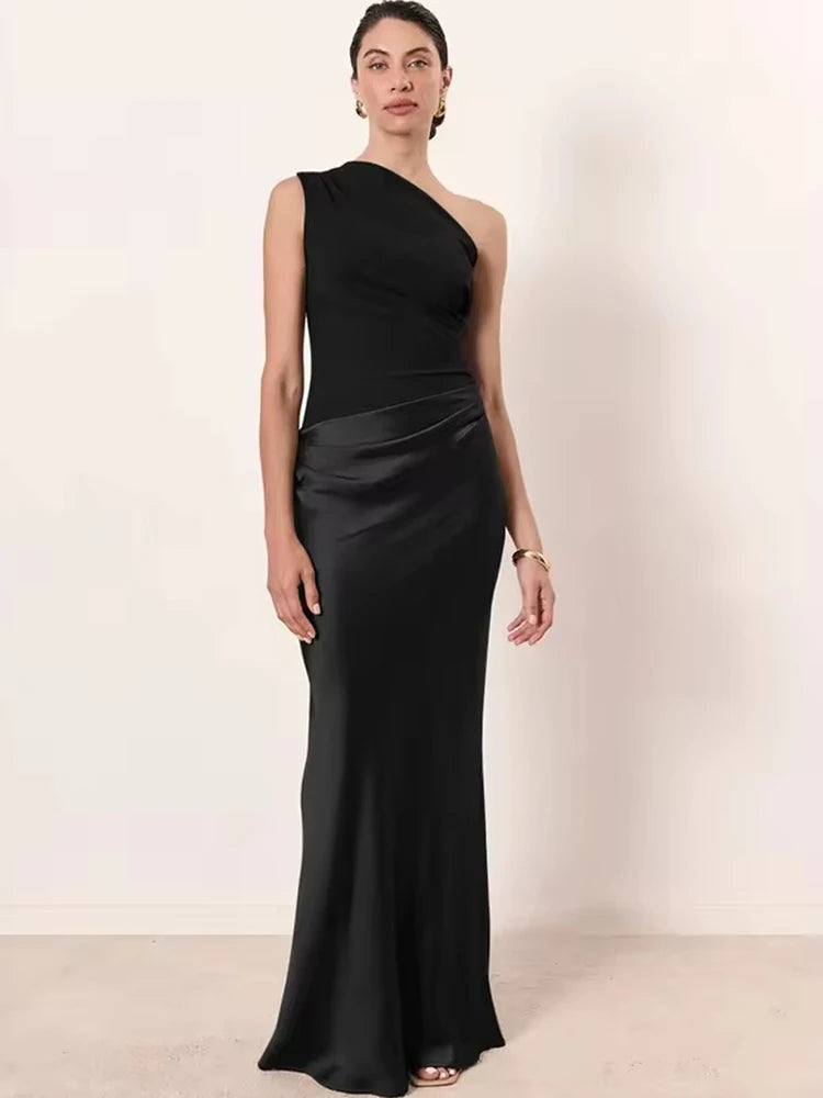 JULISSA MO Patchwork Satin Sexy One Shoulder Women Maxi Dress Brown Sleeveless Evening Dress Summer Slim Elegant Party Clubwear - Smarsty