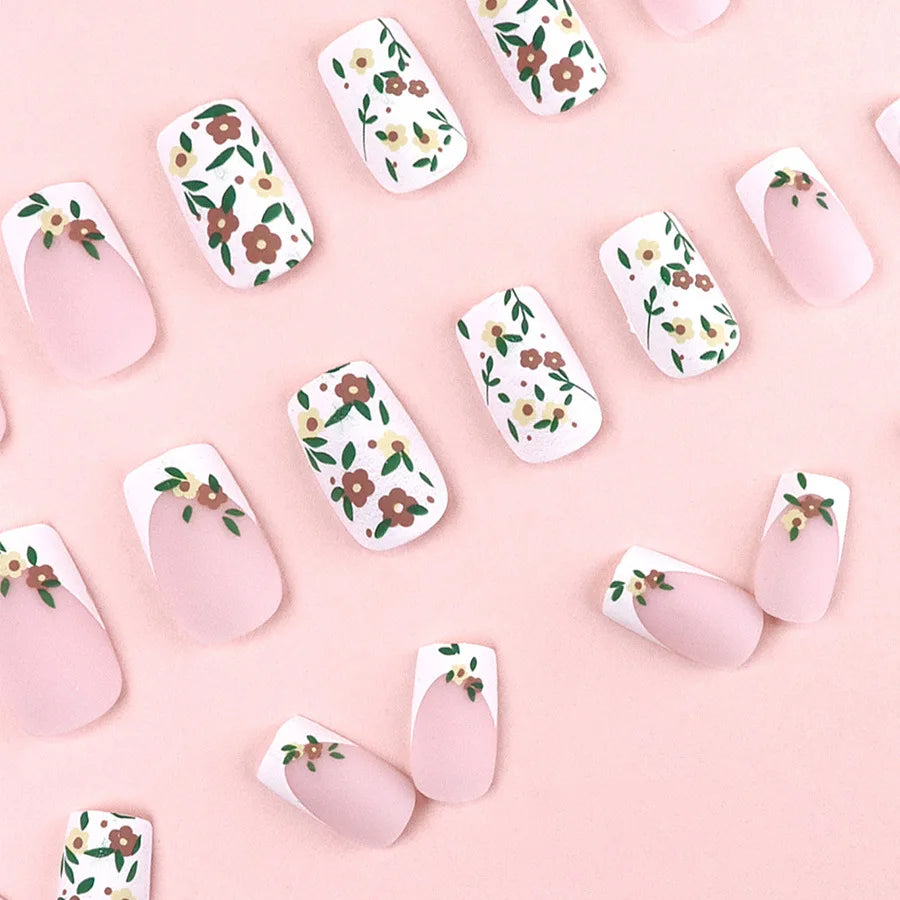 24 Piece Set Medium Long Press On Nails with Peach Flower Design - Smarsty