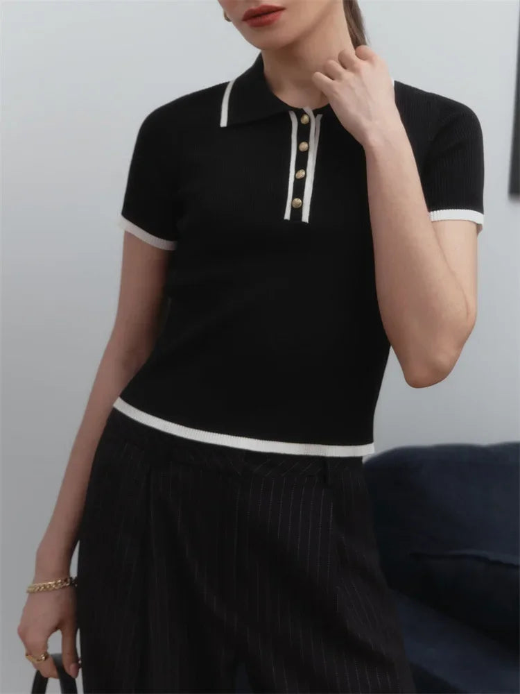 Talenza Women's Knitted Pullover Fashion Short Sleeve Patchwork Sweater Top Elegant Slim Contrast Lapel Knitted Pullover Top - Smarsty