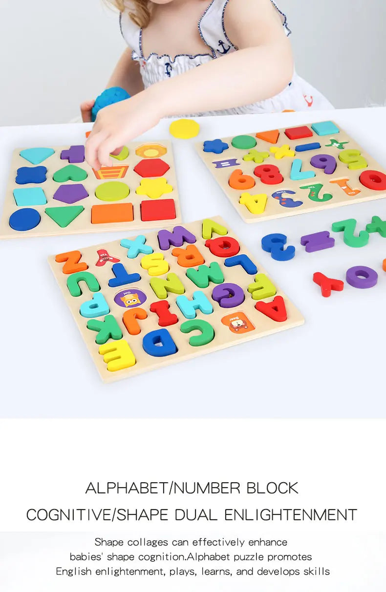 Kids Alphabetic Arithmetic Number Geometric Shapes Wooden Puzzle Montessori Preschool Learning Educational Game Toy for Children by Smarsty