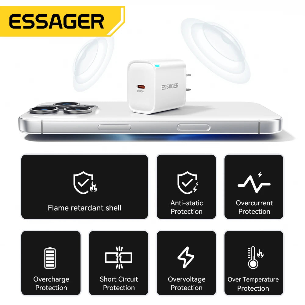 Essager Mini 30W Type C Charger PD QC3.0 Fast Type C Charger For iPhone 16 15 14 13 Pro Samsung S25 Xiaomi iPad Travel Adapter - Smarsty