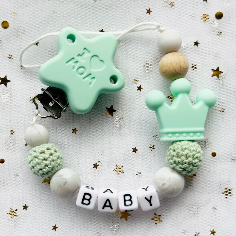 NEW Custom Personalized Name Pacifier Clip Handmade Beech Wooden Chain Silicone Crown Holder Soother Baby Teething Toy Chew Gift by Smarsty