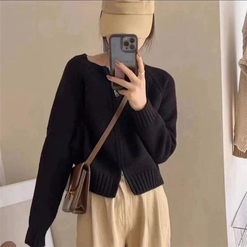 Autumn Winter Short Knitting Cardigan Women Solid Color Long Sleeve Round Neck Sweater Jacket 2025 Casual Zipper Sweater Coats - Smarsty