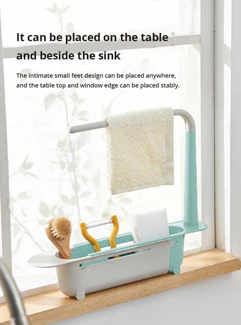 1Pc Multifunctional Telescopic Sink Storage Rack Upgraded Adjustable Sink Sponge Holder Expandable 2-in-1 For Home Kitchen by Smarsty