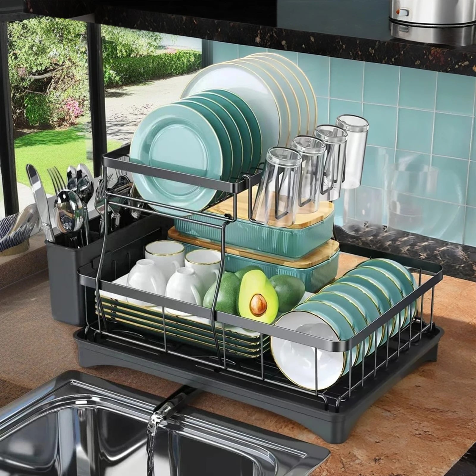 Large 2-tier dish drying rack for kitchen countertops, removable large-capacity dish draining rack by Smarsty