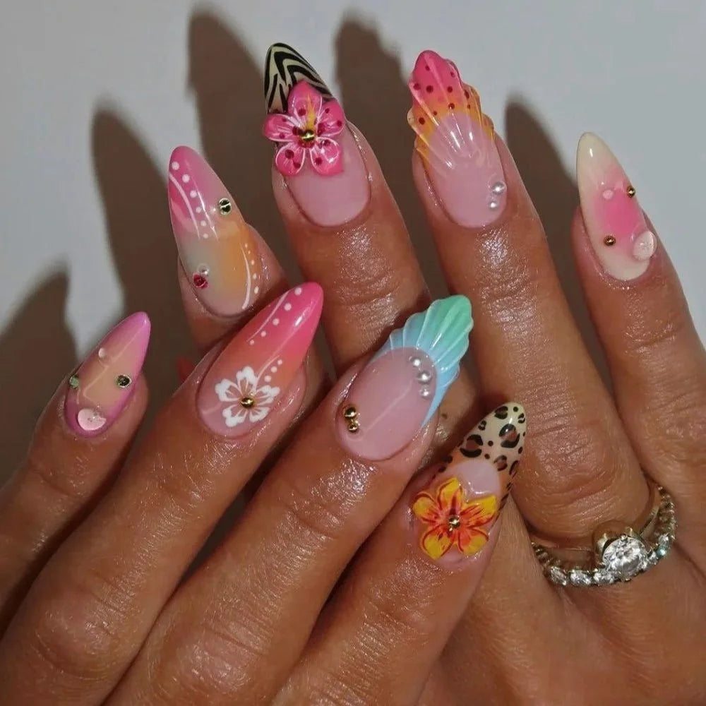 24Pcs Pink Almond False Nails with French Design - Smarsty