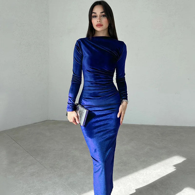 Dulzura 2024 Spring Summer Velvet Long Sleeve Midi Dress For Women Ruched Long Dress Elegant Party Clothes Evening Green Outfits - Smarsty