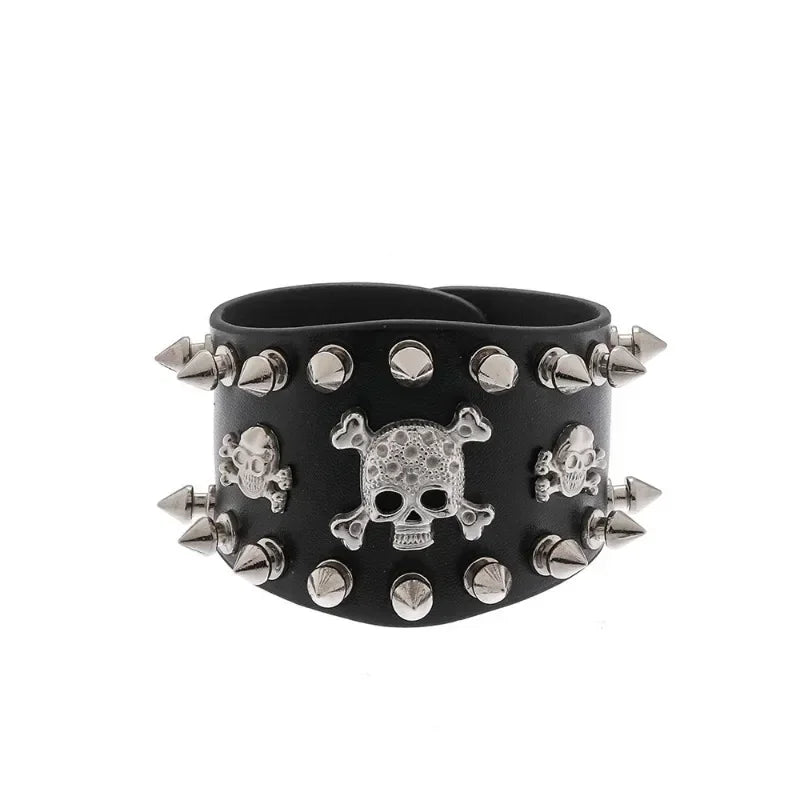 Unisex PU Leather Punk Bracelet with Spikes and Skull - Smarsty