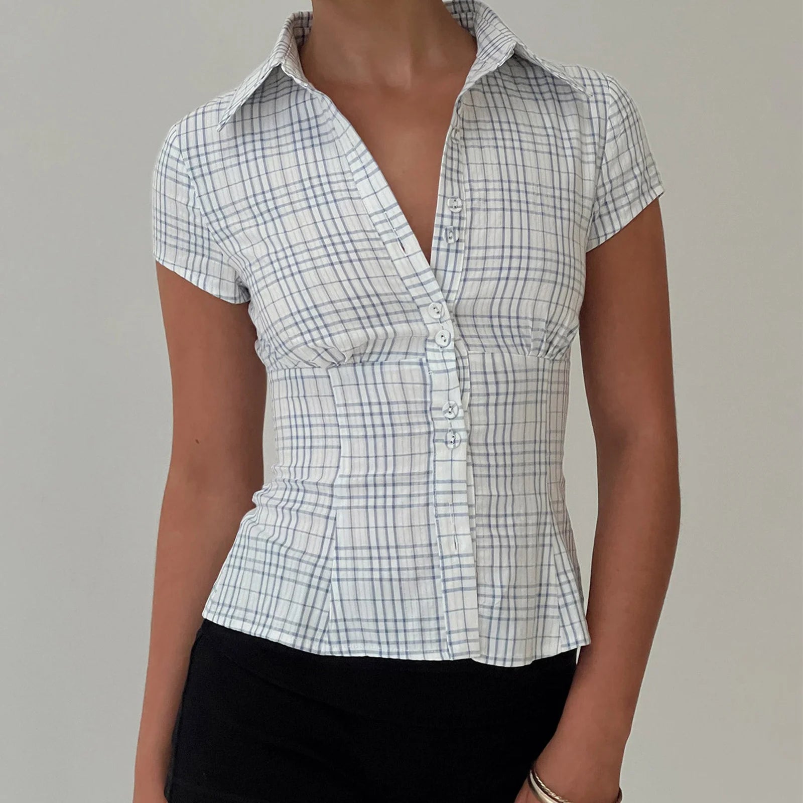 hirigin Women's Y2K Short Sleeve Plaid Button Down Shirt Button Down Blouses Tops Casual Summer Shirt Tops 90s Streetwear - Smarsty