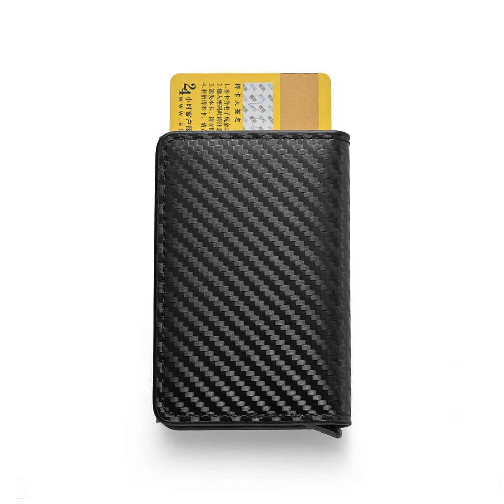RFID Anti Blocking Anti-theft Automatic Pop-up Card Holder, Men's Black ID Credit Card Holder Case Wallet, Carbon Fiber Purse