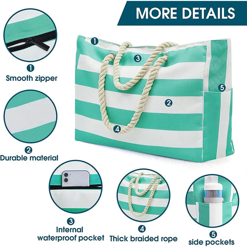 Striped Beach Bag Canvas Tote Large Capacity Eco Friendly - Smarsty