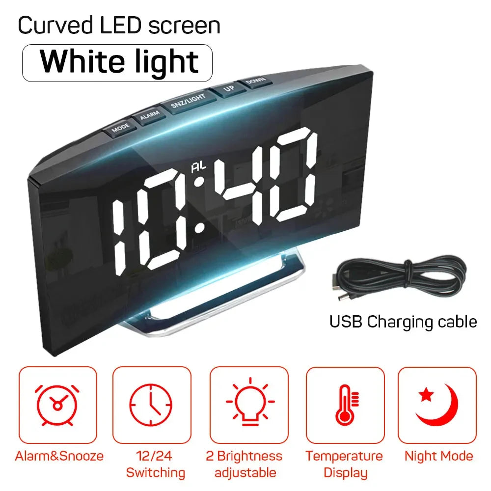 LED Curved Alarm Clock with Dual-purpose Mirror Display - Smarsty