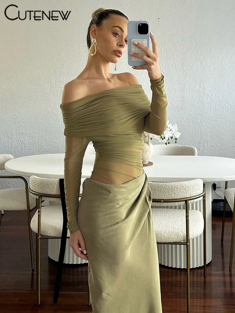 Cutenew Mesh Ruched Women Maxi Dress Sexy See Through Off Shoulder Long Sleeve Sheath Vestidos Female Midnight Party Solid Robe - Smarsty