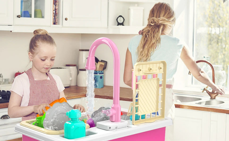 Play Kitchen Sink Toy with Running Water, Dishwasher and Upgraded Automatic Water Cycle System