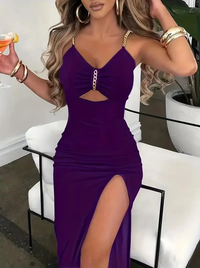 Women Side Split Chain Hollow Sheath Sleeveless V-neck High Waist Sexy Sexy Slim Dress