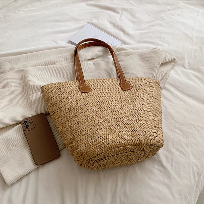 Large Capacity Straw Beach Tote Woven Shoulder Bag Summer - Smarsty