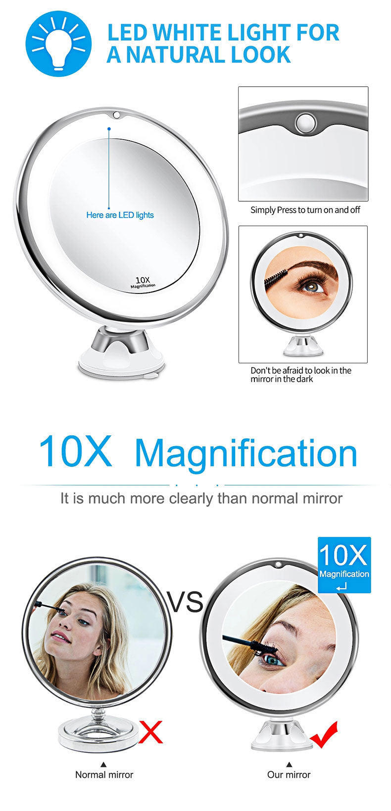 10x Magnifying LED Vanity Mirror with Touch Screen - Smarsty