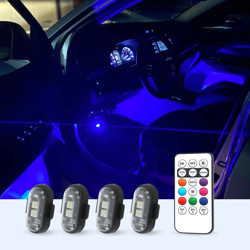 4x Wireless Led Strobe Lights with Remote, Anti-Collision Light USB Charging High Brightness Led Lights Warning Lights for Car