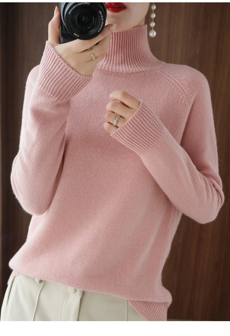 Fashion Basic Autumn Winter Merino Wool Sweater Mock Neck Cashmere Pullover Solid Color Soft Long Sleeve Clothing Tops - Smarsty