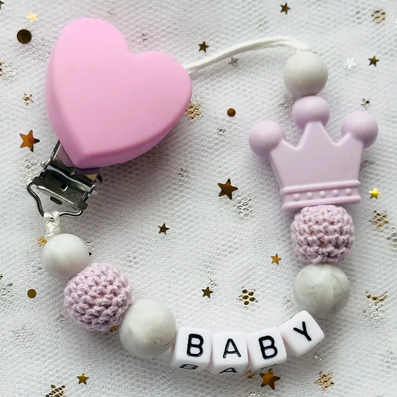 NEW Custom Personalized Name Pacifier Clip Handmade Beech Wooden Chain Silicone Crown Holder Soother Baby Teething Toy Chew Gift by Smarsty