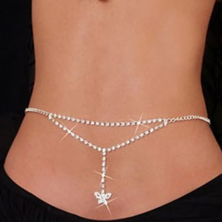 Rhinestone Body Chain Belt with Heart Pendant - Smarsty