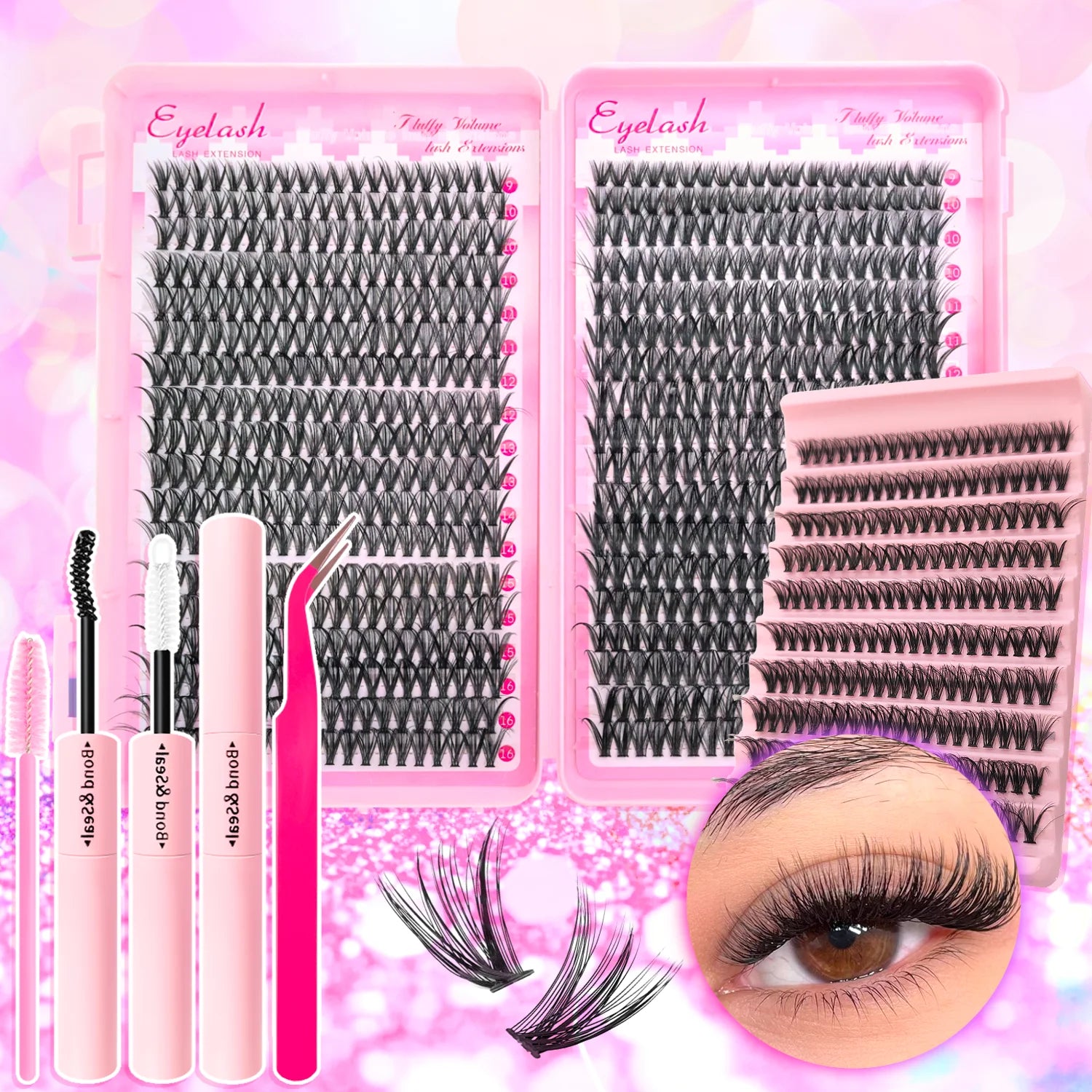 720/200pcs eyelash Extension Kit Fluffy Eyelash Extension kit with Lash Bond and Seal Lash Tweezers Thick Lash Clusters Wispy - Smarsty