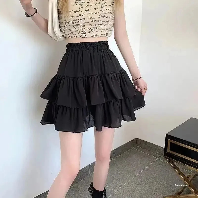Pleated A-line Skirt White Women Ruffles Sweet Hottie Preppy Style Elastic Elastic Waist Slim Thin SimpleCasual Summer Wholesale - Smarsty