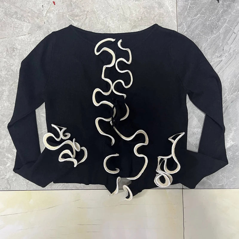 TARUXY 2025 New Fungus Long Sleeve Knitted Cardigan Female Contrast Color Splice Short Top Lace Up Bodycon Sweater Cardigan Lady - Smarsty