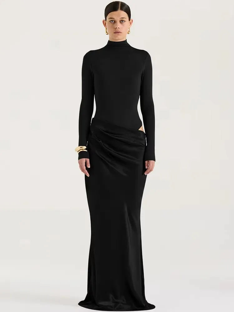JULISSA MO Satin Sexy Hollow Out Women Maxi Dress Black Sleeveless High Waist Dress Female Autumn Skinny Elegant Party Clubwear - Smarsty