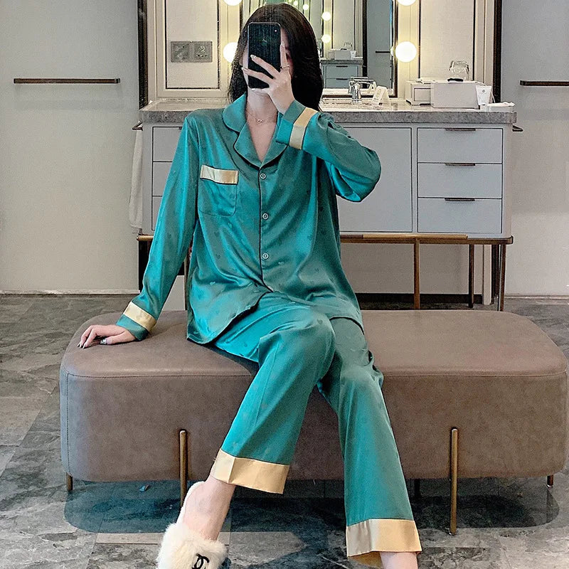 Top Autumn New Ice Silk Women Pajama Lapel Button Cardigan Outfits for Women 2 Piece Set Fashion Printing Set Clothes for Women - Smarsty