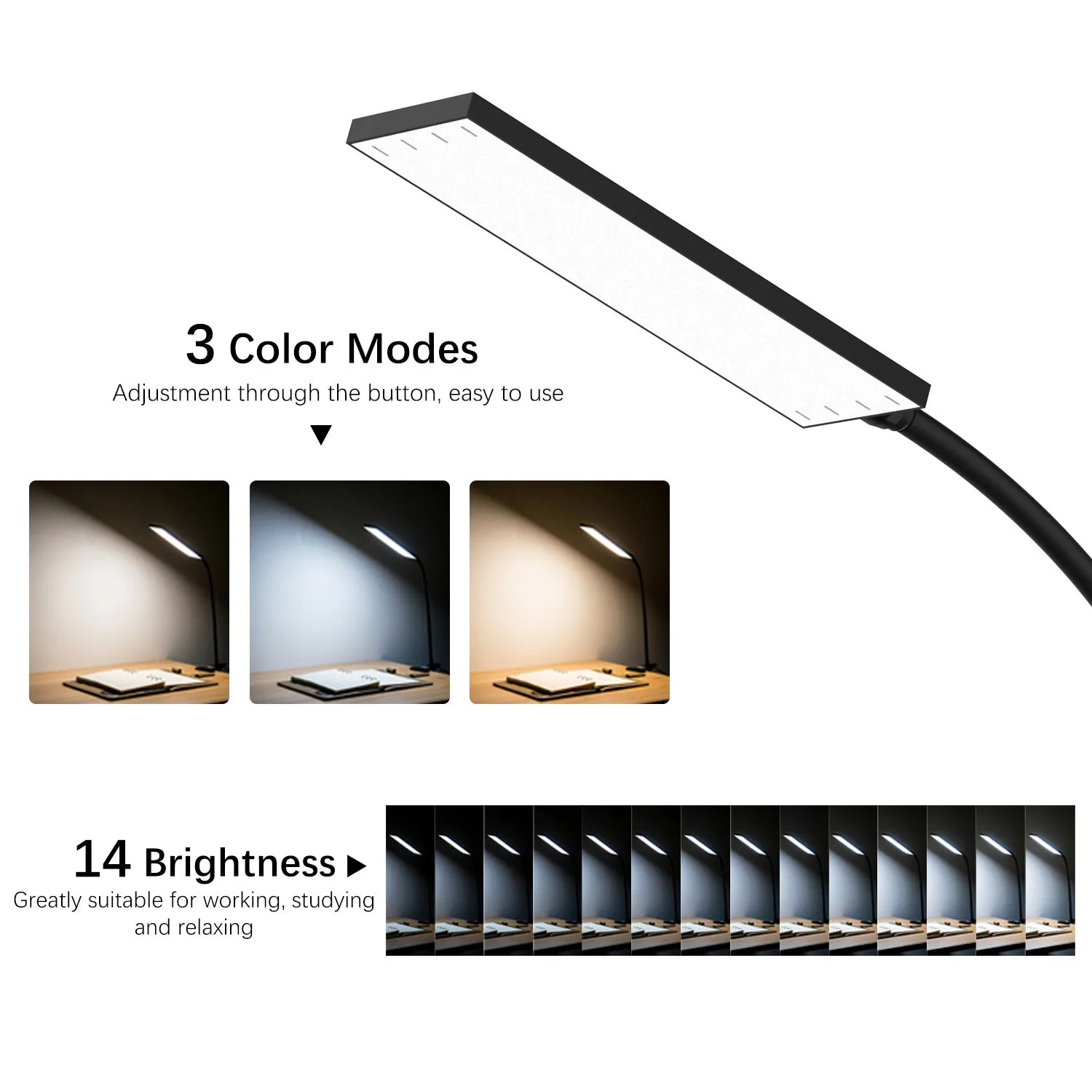 5W LED Clip on Desk Lamp with 3 Modes 11 Brightness 2M Cable Dimmer 14 Levels Clamp Table Lamp