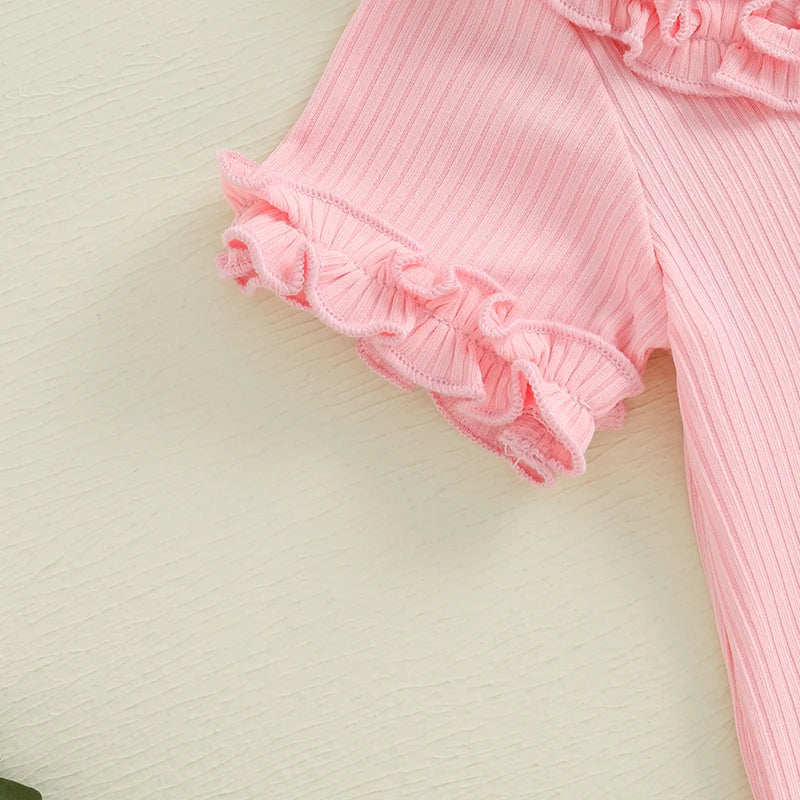 Toddler Girls 3-Piece Outfit Set with Ruffle Sleeve Romper Floral Print Bell Bottom Pants and Matching Headband