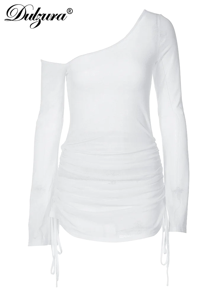 Dulzura Solid Skew Collar Ruched Straps Lace-Up See Through Draw String Mini Dress 2023 Summer Women Party Clubwear Wholesale - Smarsty