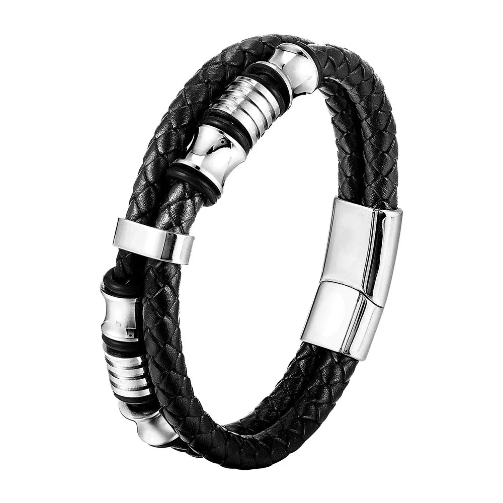 Men's Leather Charm Bracelet Stainless Steel Magnetic Clasp - Smarsty