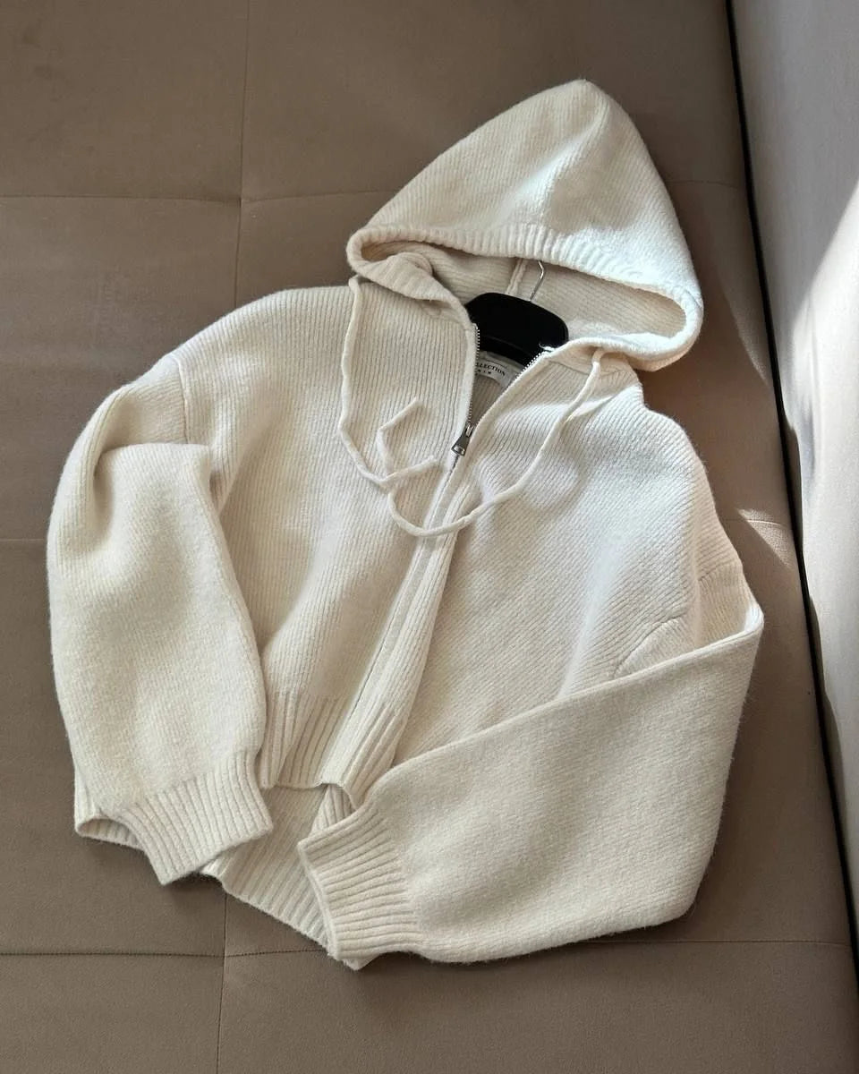 Autumn Knitted Women's Short Cardigan with Zipper Gray Winter Sweater Casual Cute Vintage White Cardigan for Women with Hood - Smarsty