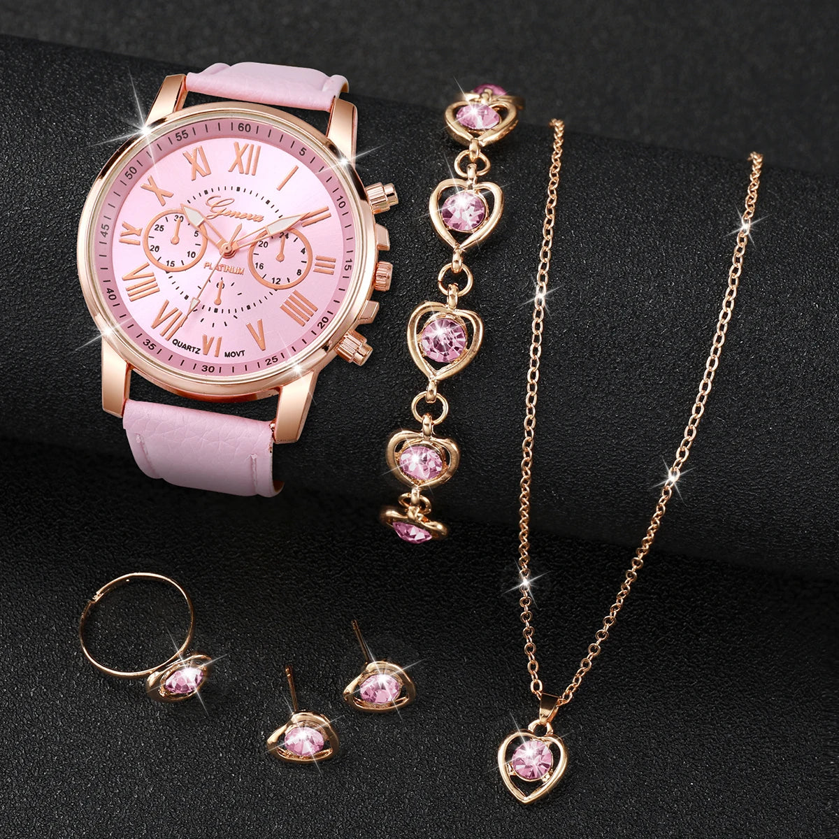 5/6PCS Fashion Women's Quartz Watch Leather Band Analog Wrist Watches Heart Rhinestone Jewelry Set(Without Box) - Smarsty