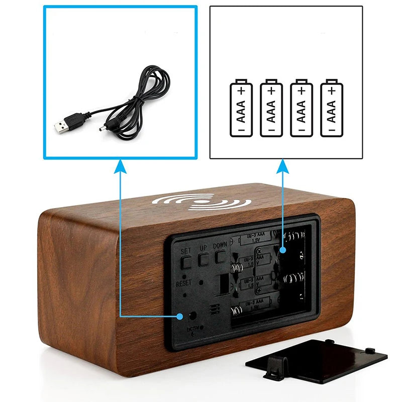 Wooden Digital Alarm Clock with Wireless Charging Feature - Smarsty