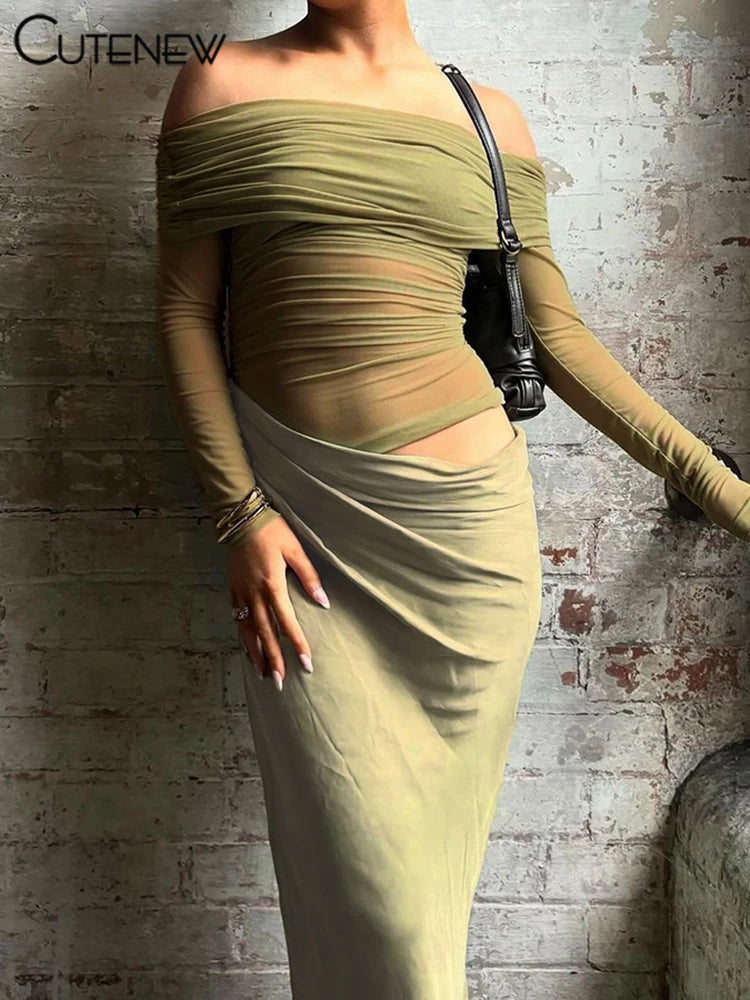 Cutenew Mesh Ruched Women Maxi Dress Sexy See Through Off Shoulder Long Sleeve Sheath Vestidos Female Midnight Party Solid Robe - Smarsty