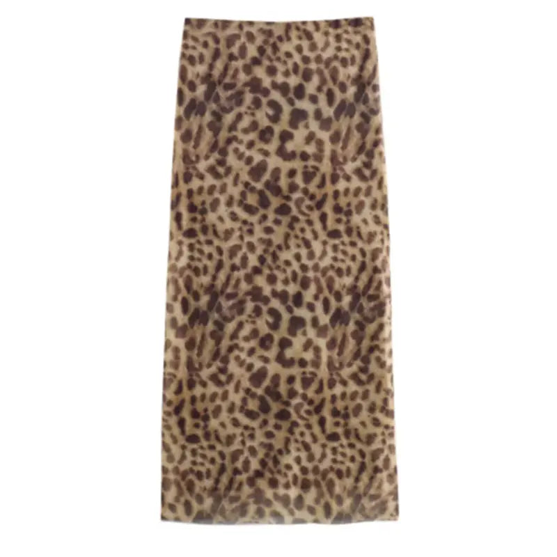 Women Leopard Tulle Midi Skirt 2024 Summer Fashion High Waist Elasticated Waistband Long Skirts Streetwear - Smarsty