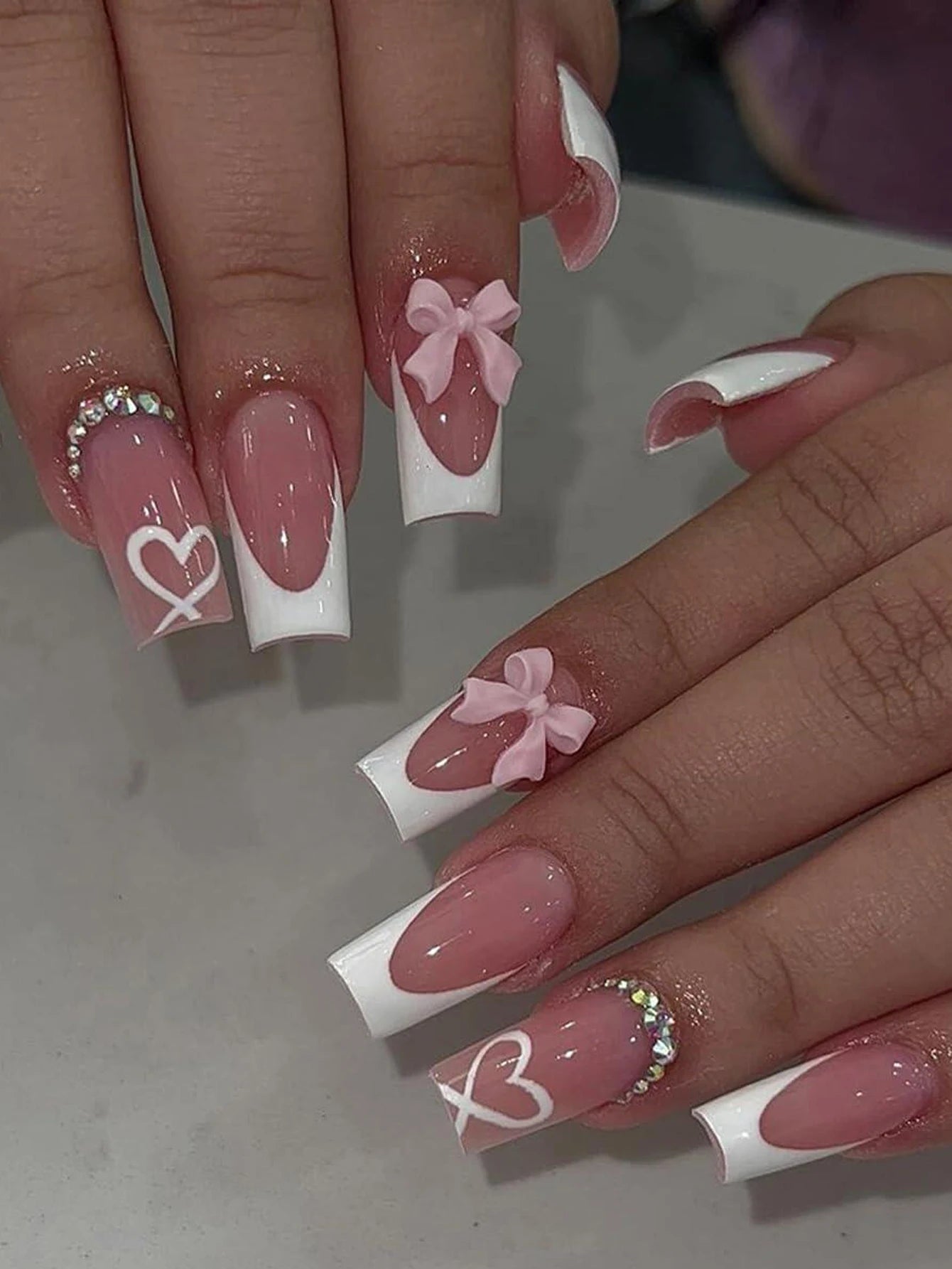 Pink Bowknot Stiletto Press On Nails 24PCS Full Cover - Smarsty