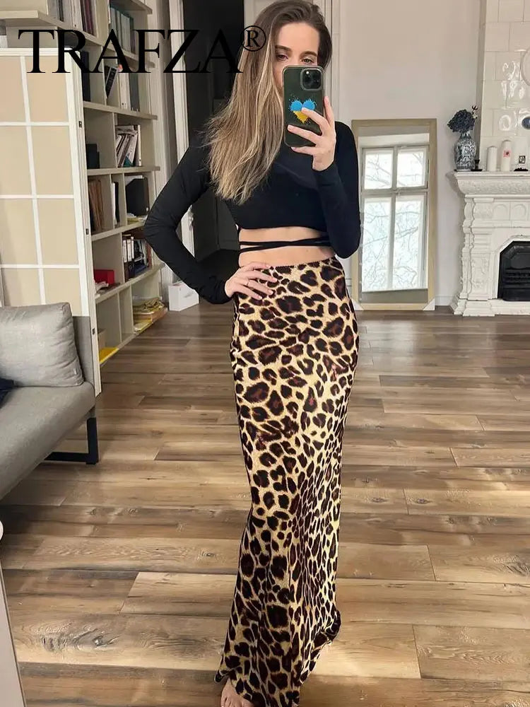 TRAFZA 2024 Women Fashion Leopard Print Skirt Vintage High Waist Midi Skirts Elegant Women Summer Casual Streetwear Skirt - Smarsty