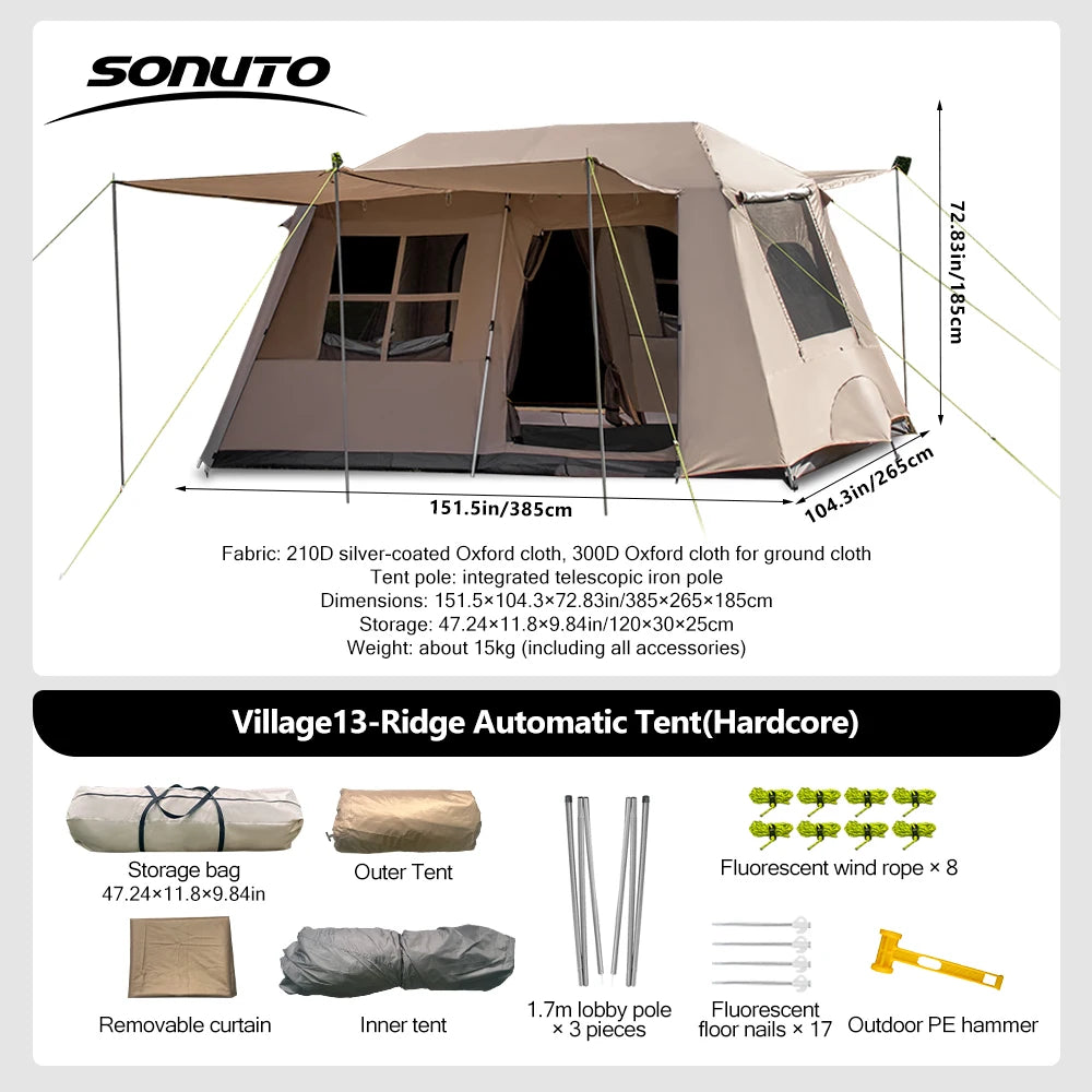 Sonuto Automatic Large Camping Tent 3-8 Person Quick Setup Double Hall Ridge Tent with Canopy for Outdoor Family Adventures by Smarsty