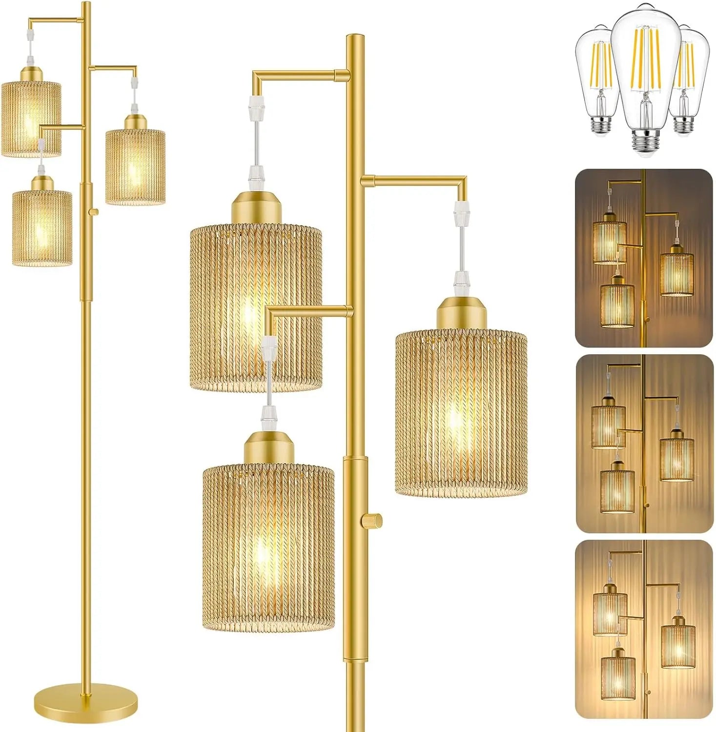 all Dimmable Rattan Floor Lamp with Beige Shade, Industrial Tree Design for Living Room, Bedroom, Office - Includes 3 LED Bulbs