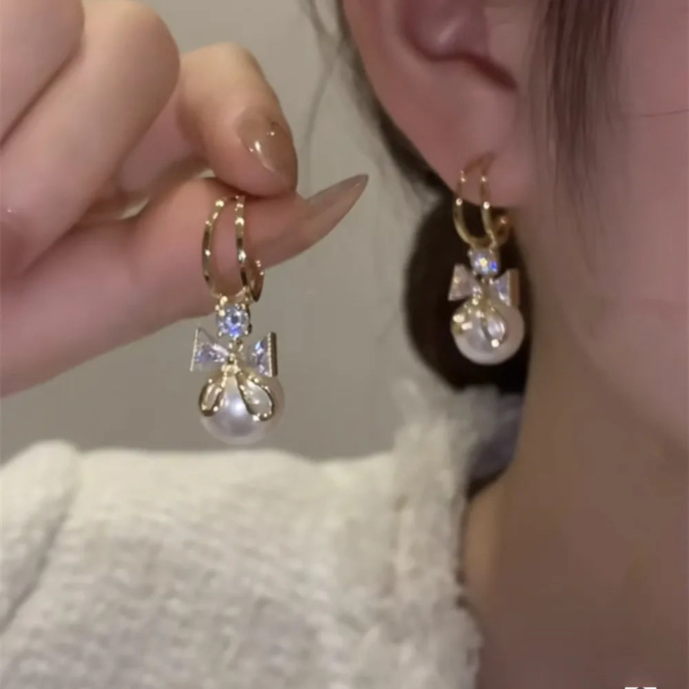 Pearl Long Earrings With Rhinestones For Wedding Fashion - Smarsty
