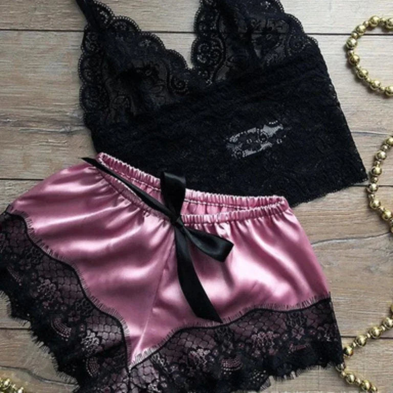 Pajama Sets Sexy Pajamas for Women 2 Pieces Top Shorts Set Sleepwear Clothes Lace Pajamas Underwear Lingerie - Smarsty