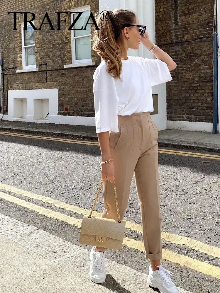 TRAFZA Women Elegant Solid Pencil Pants High Waist Pant For Women Casual Streetwear Woman Trousers Office Wear Chic Pant - Smarsty
