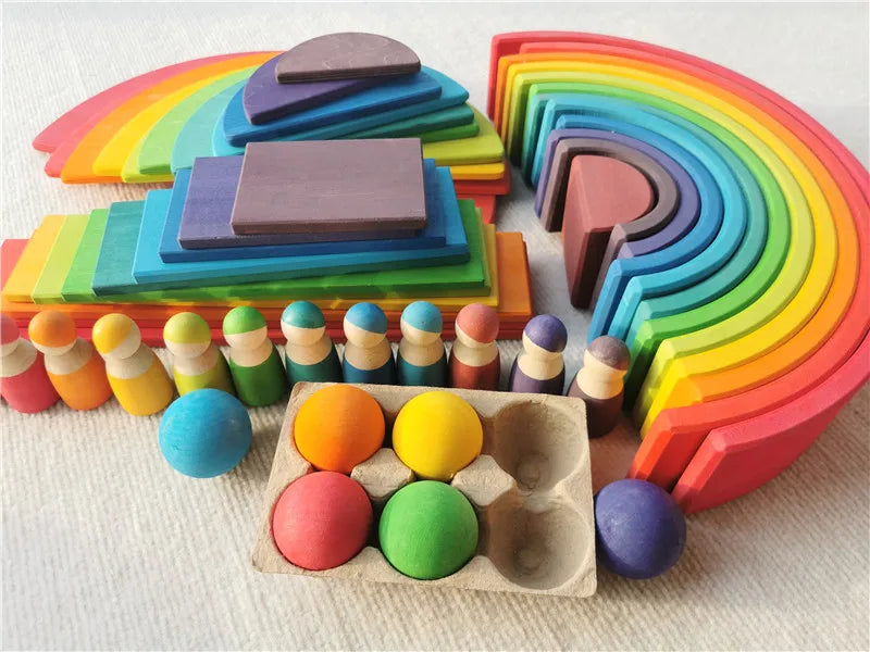 High Quality Wooden Toys Lime Wood Rainbow Arch Stacking Blocks Building Semi Color Sorting Peg Dolls Balls Slat for Kids Play - Smarsty