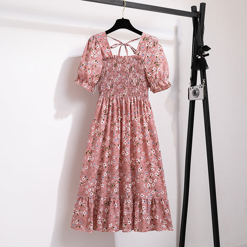 Summer Pleated Women Chiffon Dresses Casual Beach Holiday Short Sleeve Square Collar Woman Midi Dress Bohemian Mujer Vestidos - Smarsty